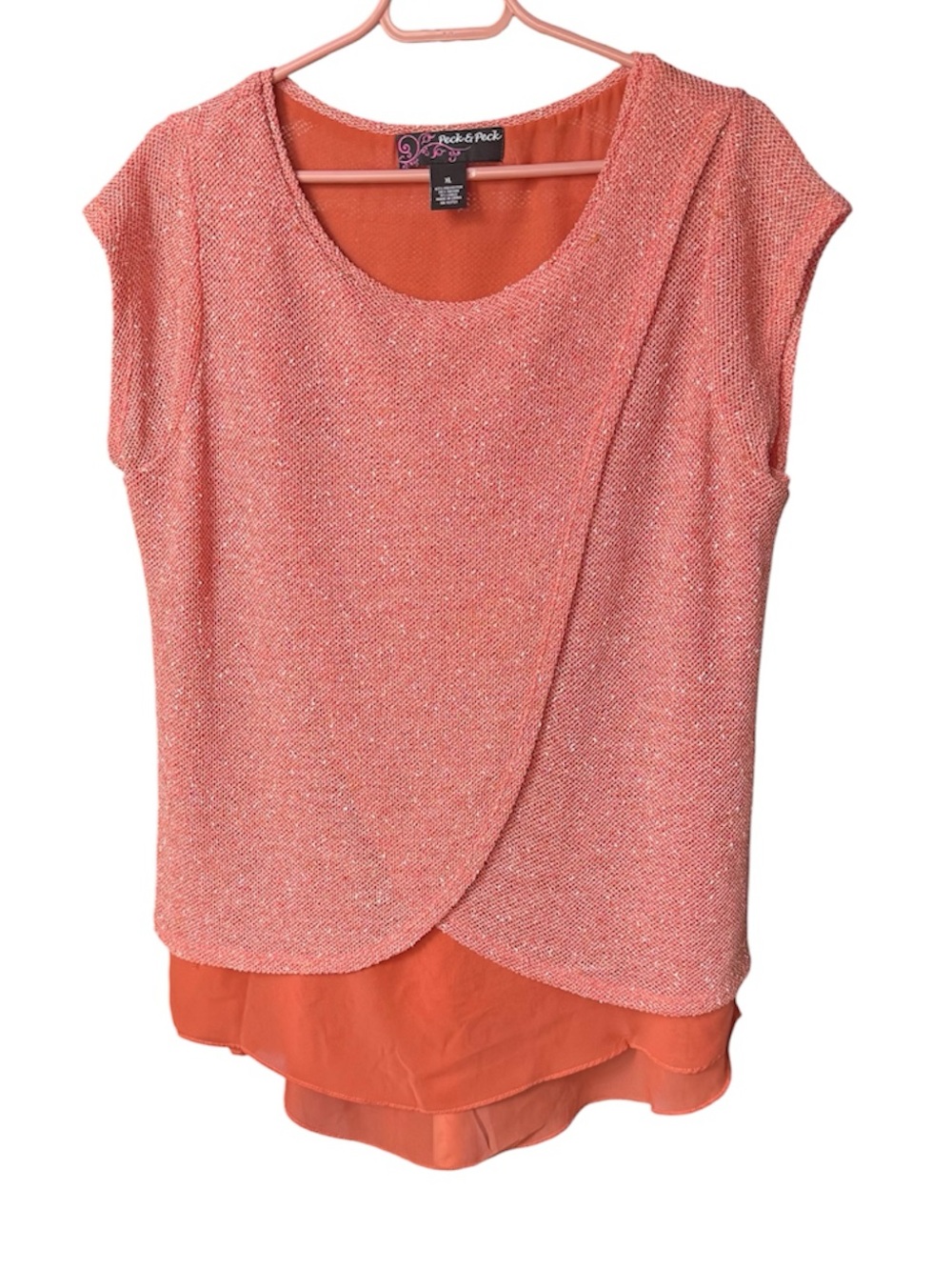 Peck & Peck Coral-Peach Layered Asymmetrical Cap Sleeve Top Women’s XL